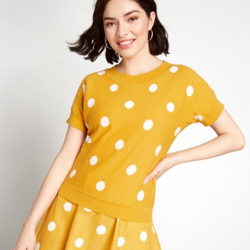 ModCloth Mustard Yellow Polka Dot Short Sleeve Sweater
